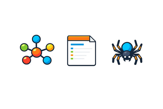 A set of three digital icons featuring a colorful network node, a document with data entries, and a stylized spider, illustrating concepts of web scraping and information gathering.