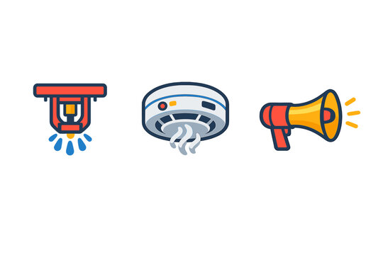 A set of three fire safety icons featuring a ceiling sprinkler spraying water, a smoke alarm detecting smoke, and a loud megaphone, all illustrated in a flat vector style.