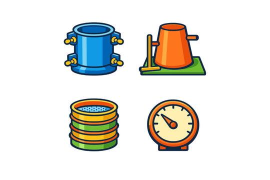 A set of four flat vector icons featuring civil engineering laboratory equipment for testing materials like concrete, including a slump cone, cylinder mold, sieves, and a pressure gauge.