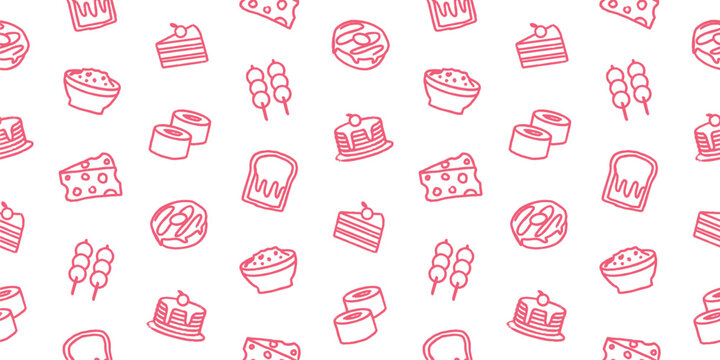 Seamless pattern with cake, toast, sushi, skewer, cheese, and dessert icons. Hand drawn doodle food for cafe and bakery.