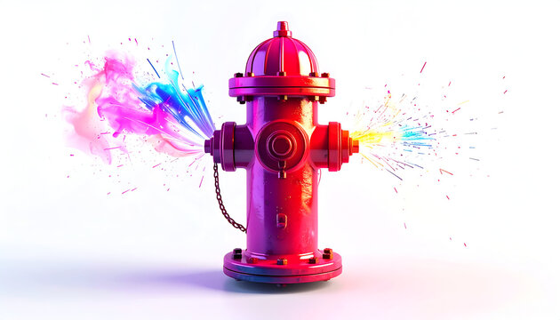 Vibrant fire hydrant exploding with colorful smoke and water on a white background