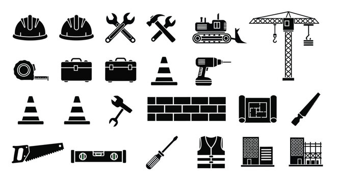 Construction tools and equipment in a black graphic silhouette