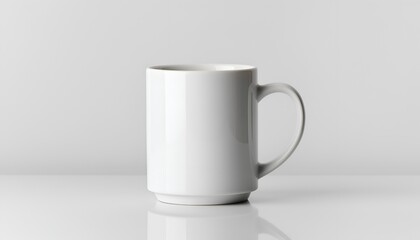 White ceramic coffee mug on white surface in minimalist style for template design