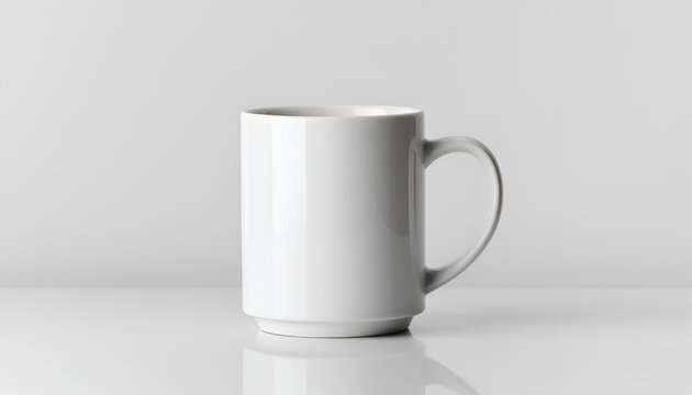 White ceramic coffee mug on white surface in minimalist style for template design