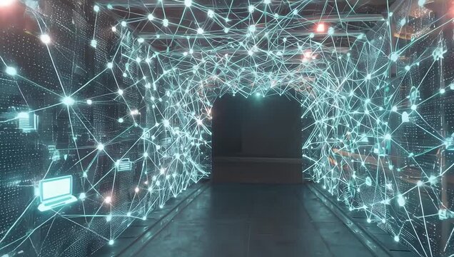 Futuristic Network Tunnel with Digital Connections and Icons