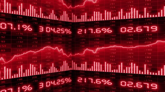Red futuristic trading dashboard with analytics interface and real time data visualization stock market background