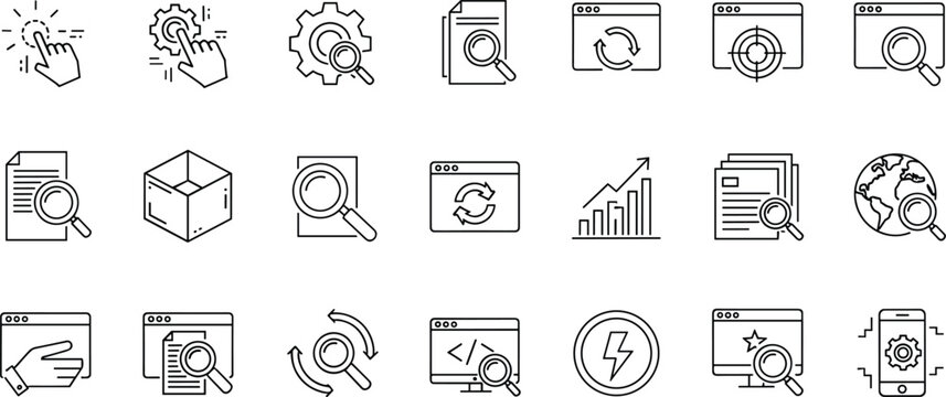 Collection of line icons for web design and development services.