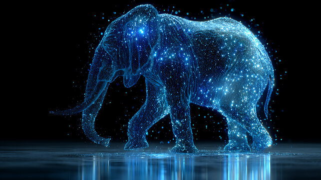 A blue elephant made of particles and stars on a black background