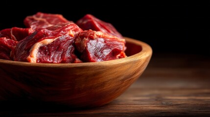 Obraz premium Raw meat pieces gleam in a wooden bowl