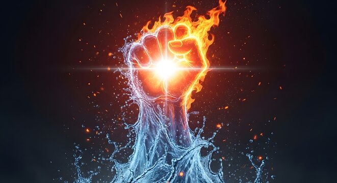 Elemental clashing and competitive power concept. Victory of will and internal energy. Powerful fist formed from intense fire and splashing water colliding with a bright central spark.
