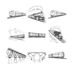 Collection of black and white line of trains and railway bridges steam locomotive © Md