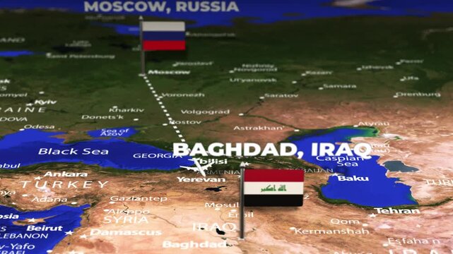 Flight From Moscow RUSSIA to Baghdad IRAQ with flag pins