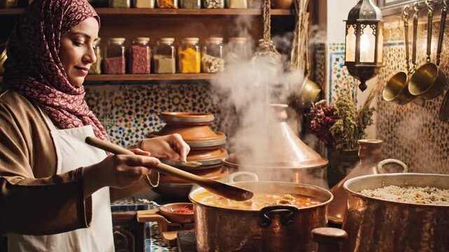 A woman wearing a hijab cooks a traditional Middle Eastern dish in her kitchen