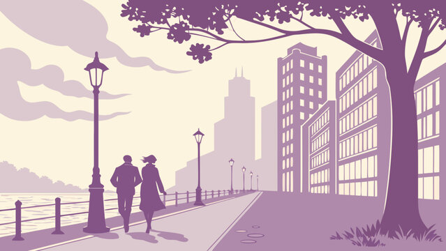 A romantic couple walking along a city waterfront promenade at sunset