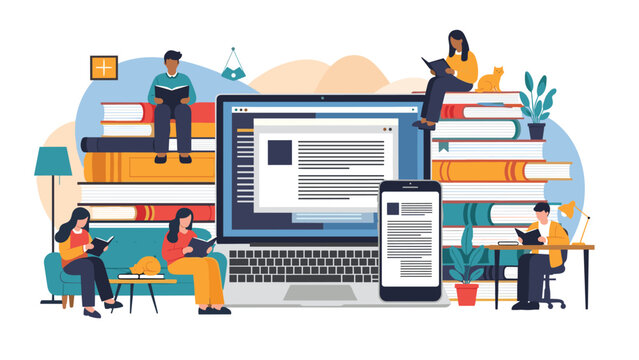 Group of people reading books in a modern digital library setting with a laptop, smartphone, and stacks of colorful books.