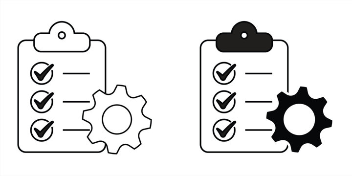 Clipboard with gear icon set, Technical support check list isolated on white background