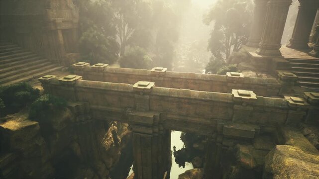 Foggy morning over mossy crossing, damp air clinging to carved stones, distant water murmurs echoing in ravine, adventurous tone for trekking and outdoor