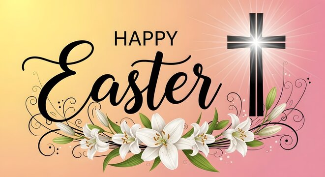 Happy easter wishes with cross and white flowers on pastel background