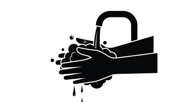 Black silhouette of hands being washed with soap under a running faucet to illustrate personal hygiene, sanitation, and cleanliness for health.