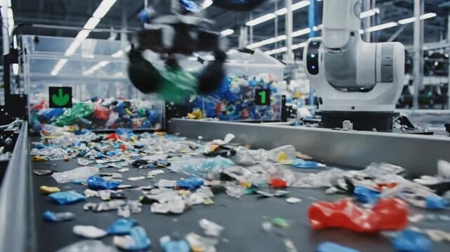Heavy industrial robot processor architecture processing mixed plastic waste on conveyor belt in recycling facility