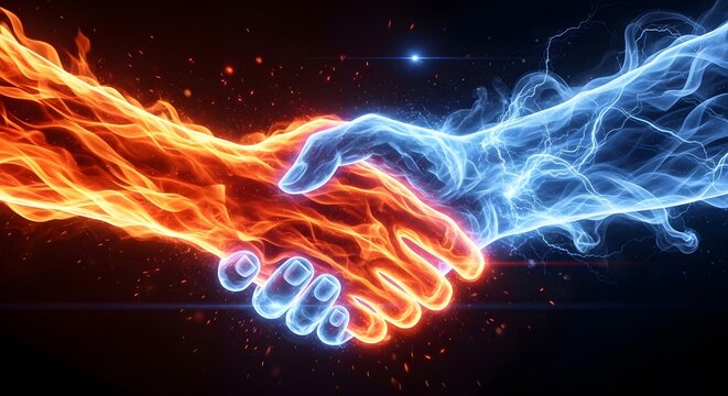 Handshake made of fire and blue electricity. Energy fusion and power contrast. Burning hand shaking a lightning hand representing conflict resolution and powerful energy.