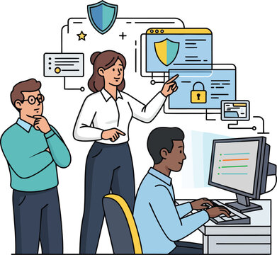 Cybersecurity Team Protecting Data &ndash; Flat Vector Illustration of Network Security