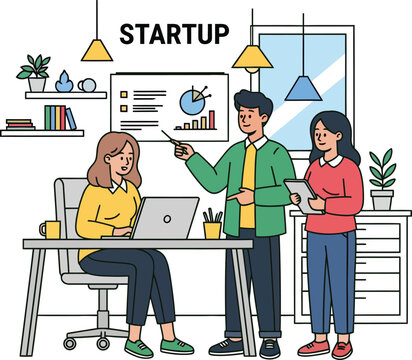 Startup Team Working in Office &ndash; Flat Vector Illustration of Business Planning
