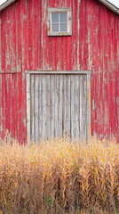 A weathered red barn stands proudly with a window near the top and a large door at ground level, surrounded by golden autumn grasses in the countryside.