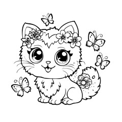 Cute Baby cat Fawn Kawaii Coloring Page Line Art, Adorable Forest Animal Cartoon Illustration for Kids Coloring Book