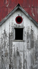 An old weathered white barn with a red roof displays peeling paint and two dark window openings, creating a rustic and textured agricultural scene.