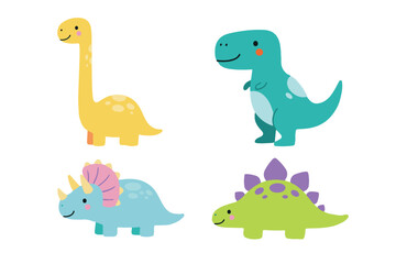 Adorable Dinosaur Character Set, Cute Flat Vector Brachiosaurus T-Rex Triceratops and Stegosaurus © bytaristudio