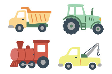 Construction and Farm Machinery Set, Heavy Duty Truck Tractor and Train Engine Flat Illustration © bytaristudio