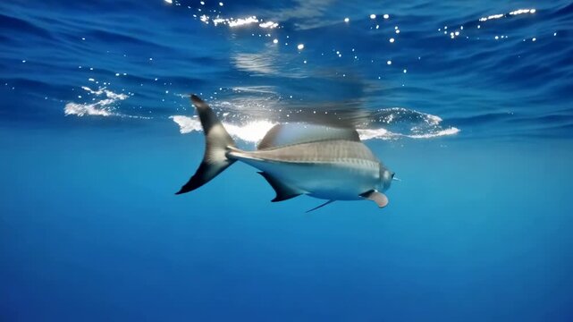Underwater glimpse of a roosterfish swimming in clear blue ocean water close to the surface