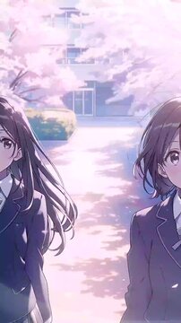 Two high school girls standing in a cherry blossom schoolyard in spring, anime style illustration
、桜が舞う春の高校の校庭に立つ女子高生二人の青春イラスト
