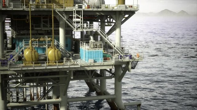 Offshore oil rig platform edge used for supply staging showing stacked containers and crates, workers securing loads with straps, crane boom visible above, calm