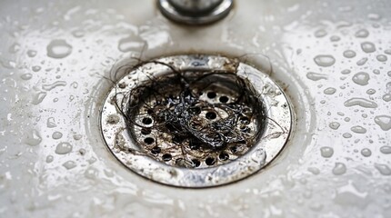Human hair clogging a bathroom sink drain, blocking water leaving the basin
