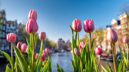 Colorful tulip flowers blooming in Amsterdam beside canal and cityscape on sunny spring day, vibrant garden landscape with blue sky and urban architecture in famous Netherlands travel destination