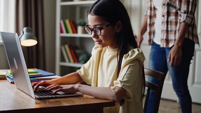 Girl types on laptop at desk. She wears glasses and does homework. Mother stands behind offering support. Student studies at home with focus. She repeats typing for online study and schoolwork now.