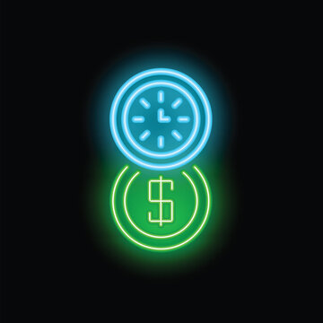 Neon sign representing the concept of time being money with a clock over a dollar symbol