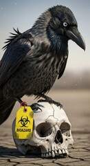 Fototapeta premium Dark bird with bright eyes rests one claw upon a cracked human skull bearing a warning tag