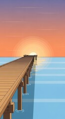 Fototapeta premium Wooden pier extends toward a vividly colored setting sun over calm water