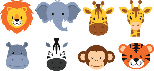 Cute Safari Animal Faces Lion Elephant Giraffe Zebra Monkey Tiger Cartoon Vector Illustration Set © Selina