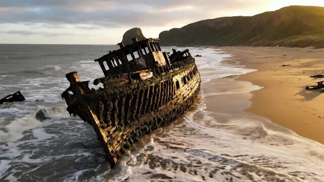 Dramatic slow motion aerial view of a shipwrecked boat on a golden beach at sunset with waves crashing against it