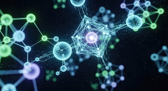 A complex molecular structure with interconnected spheres and a central cube, set against a dark background with glowing particles.