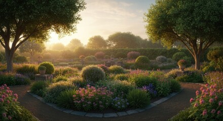 Obraz premium Serene garden scene, sunlight illuminating vibrant flower beds, pathways, and lush trees