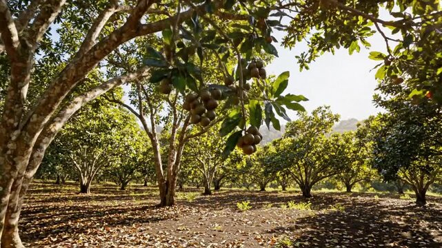 Lush macadamia nut orchard with ripe nuts hanging from branches and sunlight filtering through the green leaves