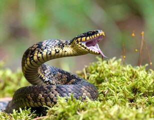 Obraz premium A serpent with patterned scales, its mouth agape, tongue extended, positioned amongst verdant mossy terrain