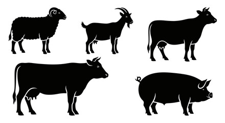 Farm Animal Silhouettes Set: Sheep, Goat, Cow, and Pig Vector Icons on White Background