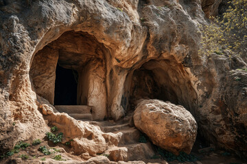 Open Grave of Jesus Christ ancient cave tomb entrance with empty burial chamber symbolizing resurrection faith hope Easter