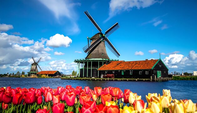 Windmills amidst tulips near water, beneath a sunny, partly cloudy sky